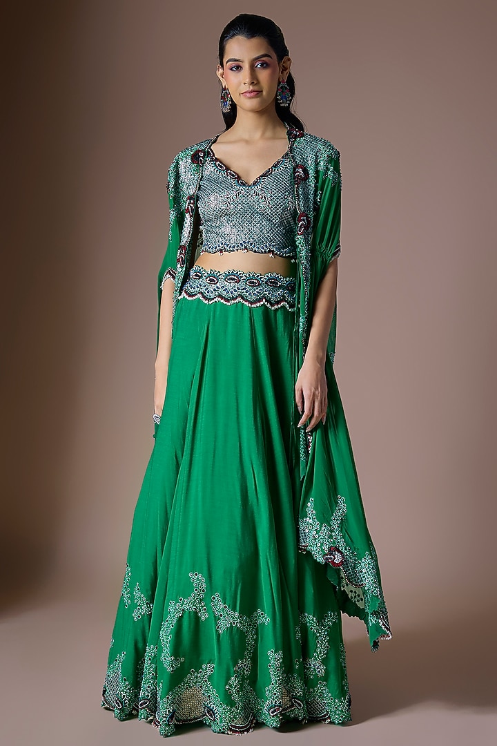Emerald Green Satin Hand Embroidered Jacket Bridal Lehenga Set by Nupur Kanoi at Pernia's Pop Up Shop