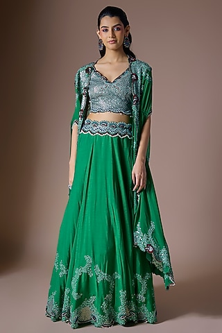 Emerald Green Satin Hand Embroidered Jacket Lehenga Set by Nupur Kanoi