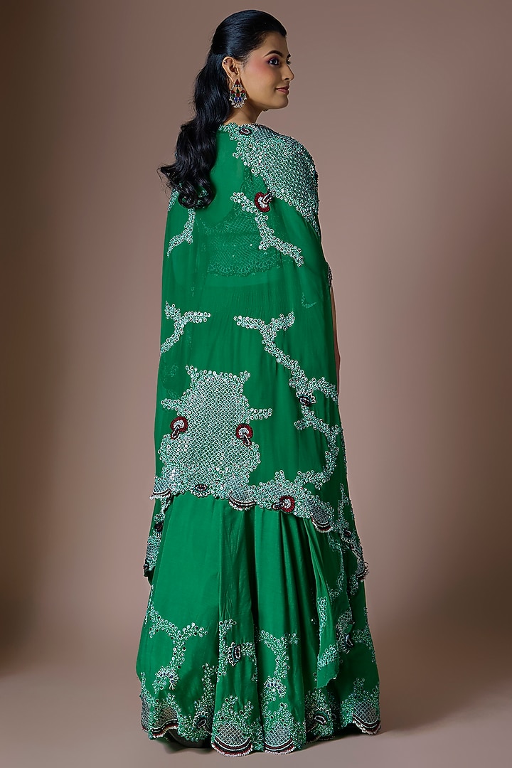 Emerald Green Satin Hand Embroidered Jacket Bridal Lehenga Set by Nupur Kanoi at Pernia's Pop Up Shop