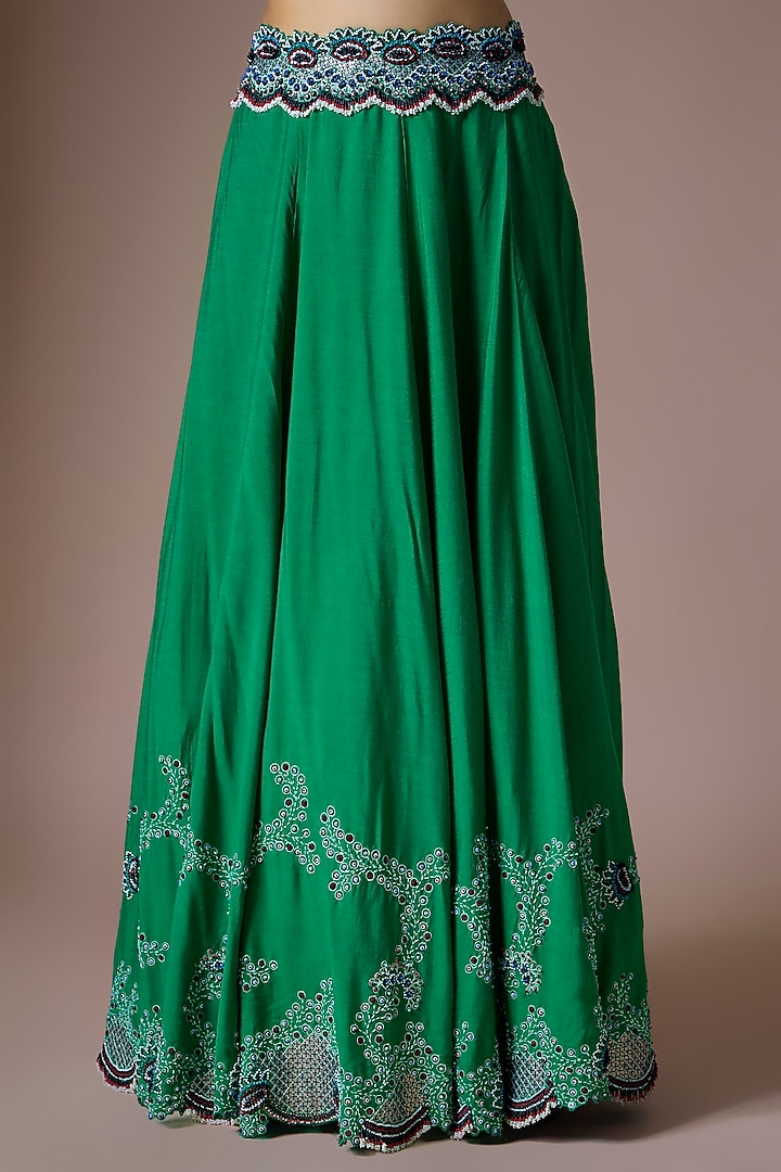 Emerald Green Satin Hand Embroidered Jacket Bridal Lehenga Set by Nupur Kanoi at Pernia's Pop Up Shop