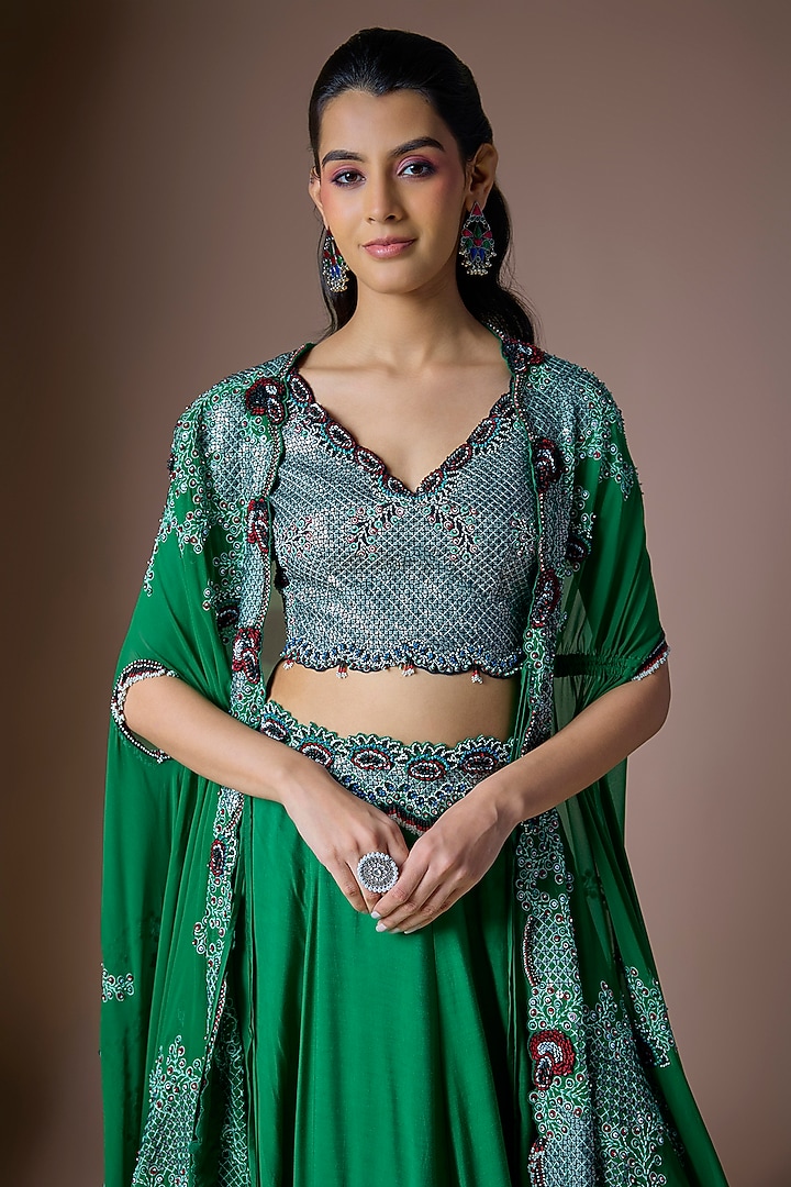 Emerald Green Satin Hand Embroidered Jacket Bridal Lehenga Set by Nupur Kanoi at Pernia's Pop Up Shop