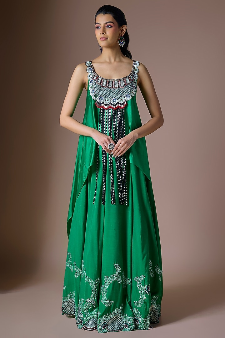 Emerald Silk & Crepe Hand Embroidered Wedding Lehenga Set by Nupur Kanoi at Pernia's Pop Up Shop