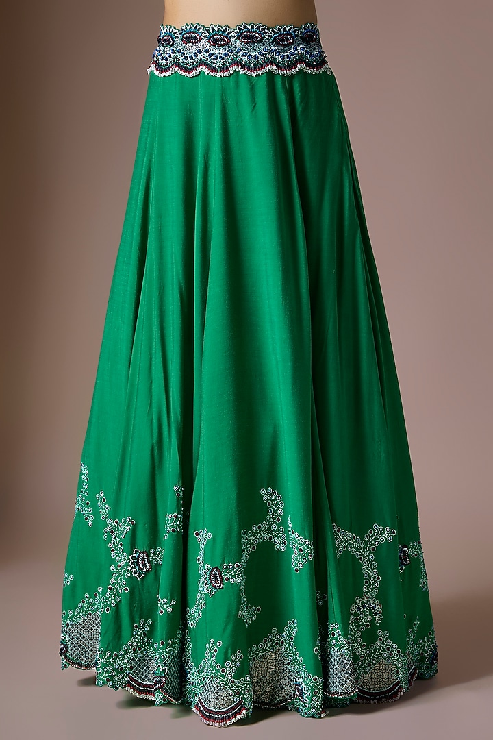 Emerald Silk & Crepe Hand Embroidered Wedding Lehenga Set by Nupur Kanoi at Pernia's Pop Up Shop