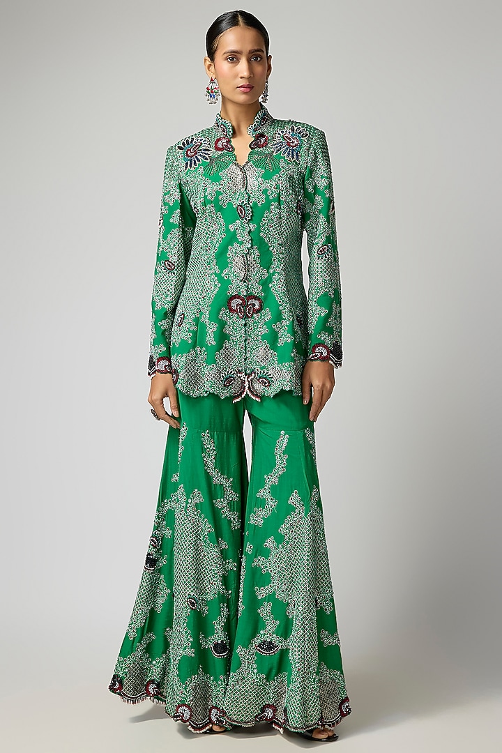 Emerald Green Silk Hand Embroidered Gharara Set by Nupur Kanoi at Pernia's Pop Up Shop