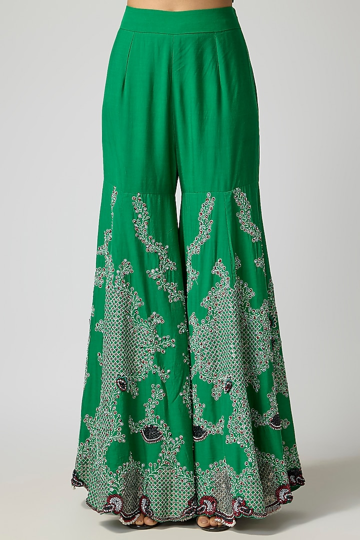 Emerald Green Silk Hand Embroidered Gharara Set by Nupur Kanoi at Pernia's Pop Up Shop