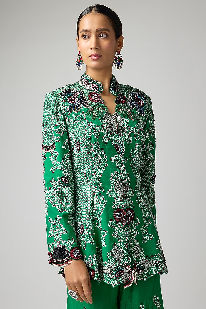 Emerald Green Silk Hand Embroidered Gharara Set by Nupur Kanoi at Pernia's Pop Up Shop