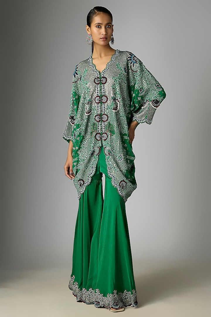Emerald Green Crepe Hand Embroidered Gharara Set by Nupur Kanoi at Pernia's Pop Up Shop