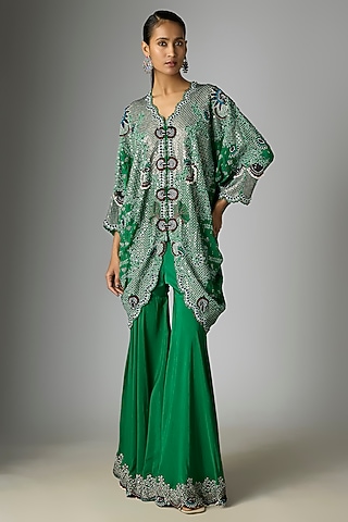 Emerald Green Crepe Hand Embroidered Gharara Set by Nupur Kanoi