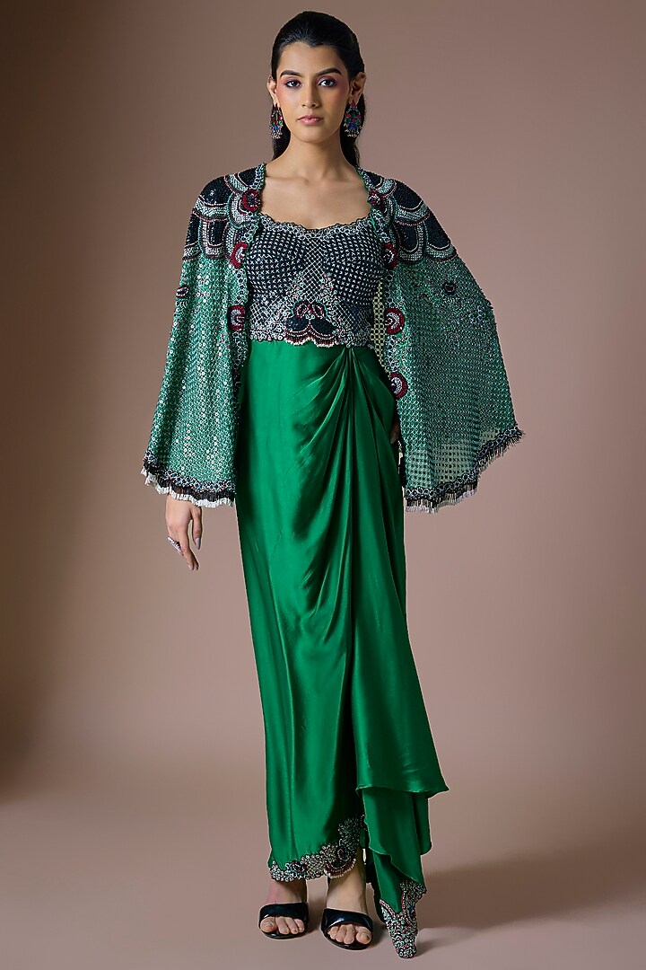 Emerald Green Satin Hand Embroidered Jacket Party Wear Dress by Nupur Kanoi at Pernia's Pop Up Shop