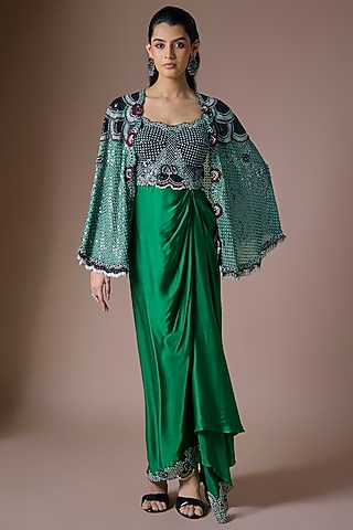 Emerald Green Satin Hand Embroidered Jacket Dress by Nupur Kanoi