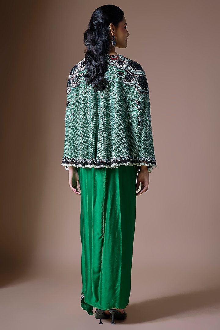 Emerald Green Satin Hand Embroidered Jacket Party Wear Dress by Nupur Kanoi at Pernia's Pop Up Shop