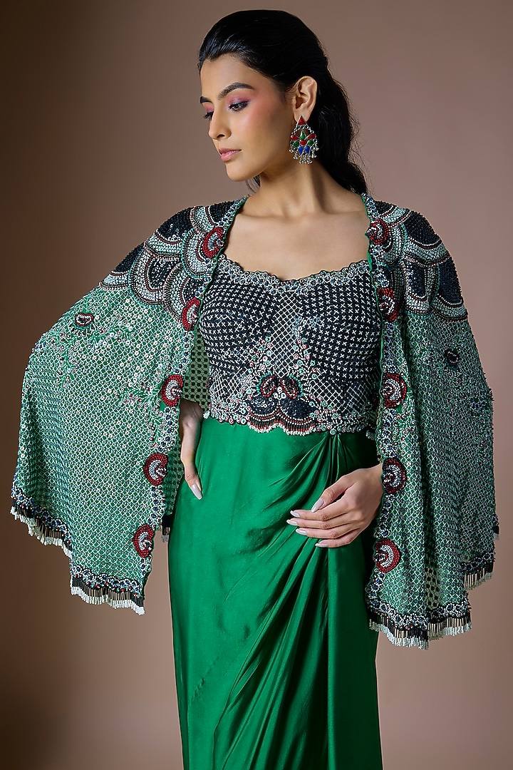 Emerald Green Satin Hand Embroidered Jacket Party Wear Dress by Nupur Kanoi at Pernia's Pop Up Shop