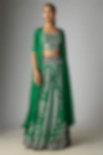 Emerald Green Crepe Embroidered Skirt Set by Nupur Kanoi at Pernia's Pop Up Shop