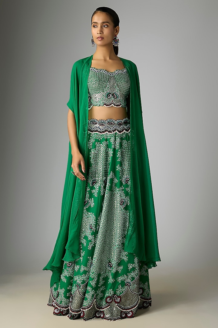 Emerald Green Crepe Embroidered Skirt Set by Nupur Kanoi at Pernia's Pop Up Shop