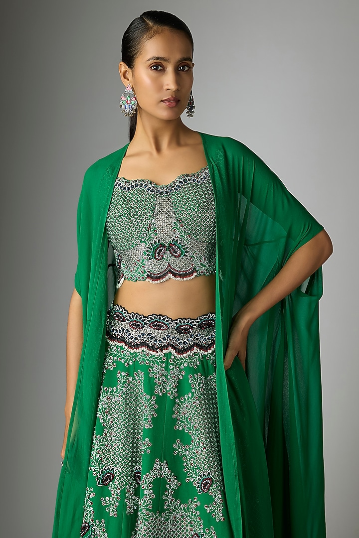 Emerald Green Crepe Embroidered Skirt Set by Nupur Kanoi at Pernia's Pop Up Shop