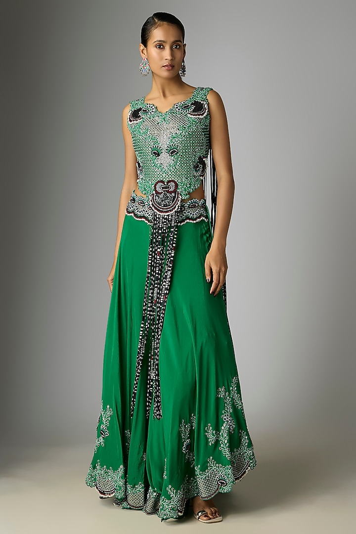 Emerald Green Crepe Hand Embroidered Bridal Sharara Set by Nupur Kanoi at Pernia's Pop Up Shop