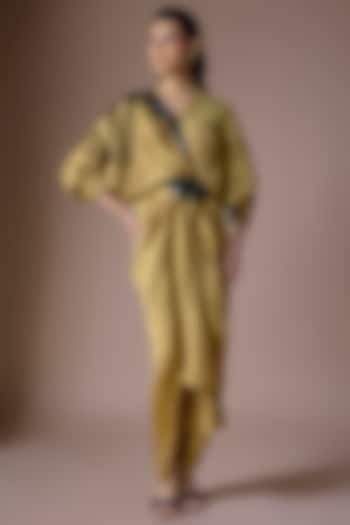 Dark Gold Banarasi Silk Wrap Party Wear Dress by Nupur Kanoi at Pernia's Pop Up Shop