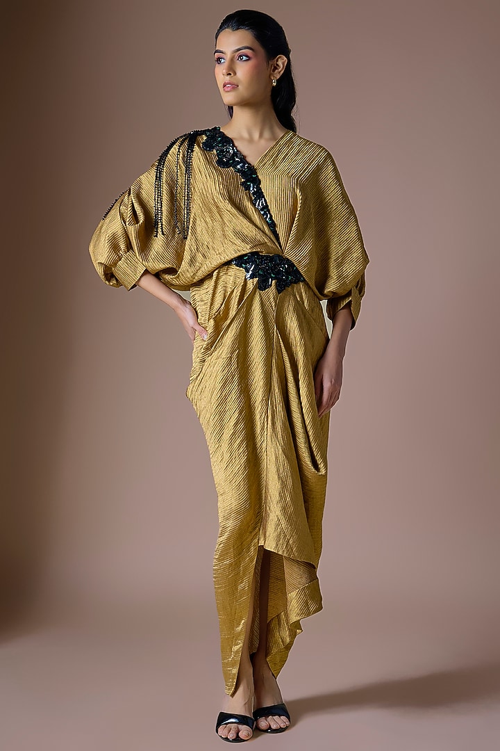 Dark Gold Banarasi Silk Wrap Party Wear Dress by Nupur Kanoi at Pernia's Pop Up Shop