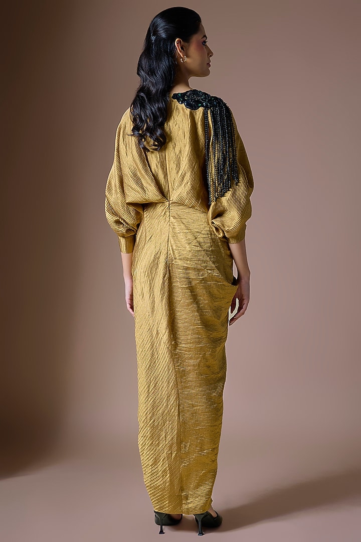 Dark Gold Banarasi Silk Wrap Party Wear Dress by Nupur Kanoi at Pernia's Pop Up Shop