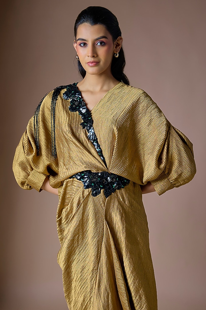 Dark Gold Banarasi Silk Wrap Party Wear Dress by Nupur Kanoi at Pernia's Pop Up Shop