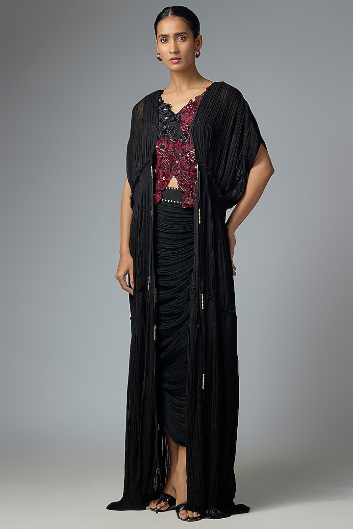 Black Crepe & Lycra Gathered Jacket Set by Nupur Kanoi at Pernia's Pop Up Shop