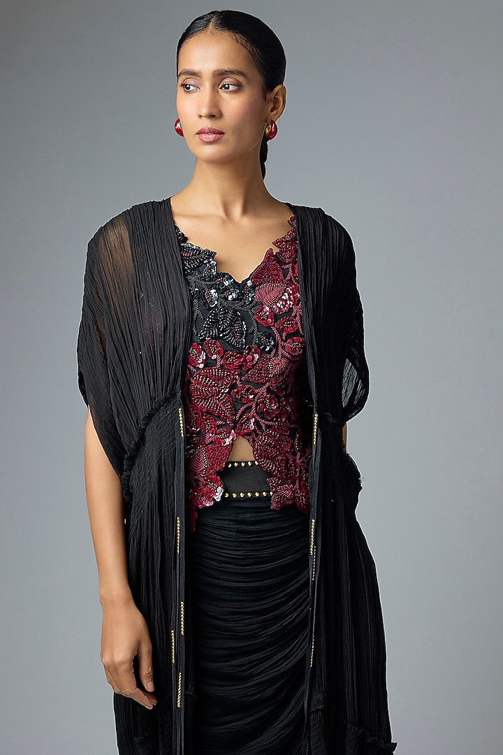 Black Crepe & Lycra Gathered Jacket Set by Nupur Kanoi at Pernia's Pop Up Shop