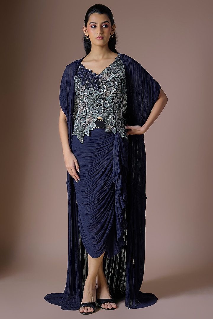 Navy Blue Crepe & Lycra Jacket Set by Nupur Kanoi at Pernia's Pop Up Shop