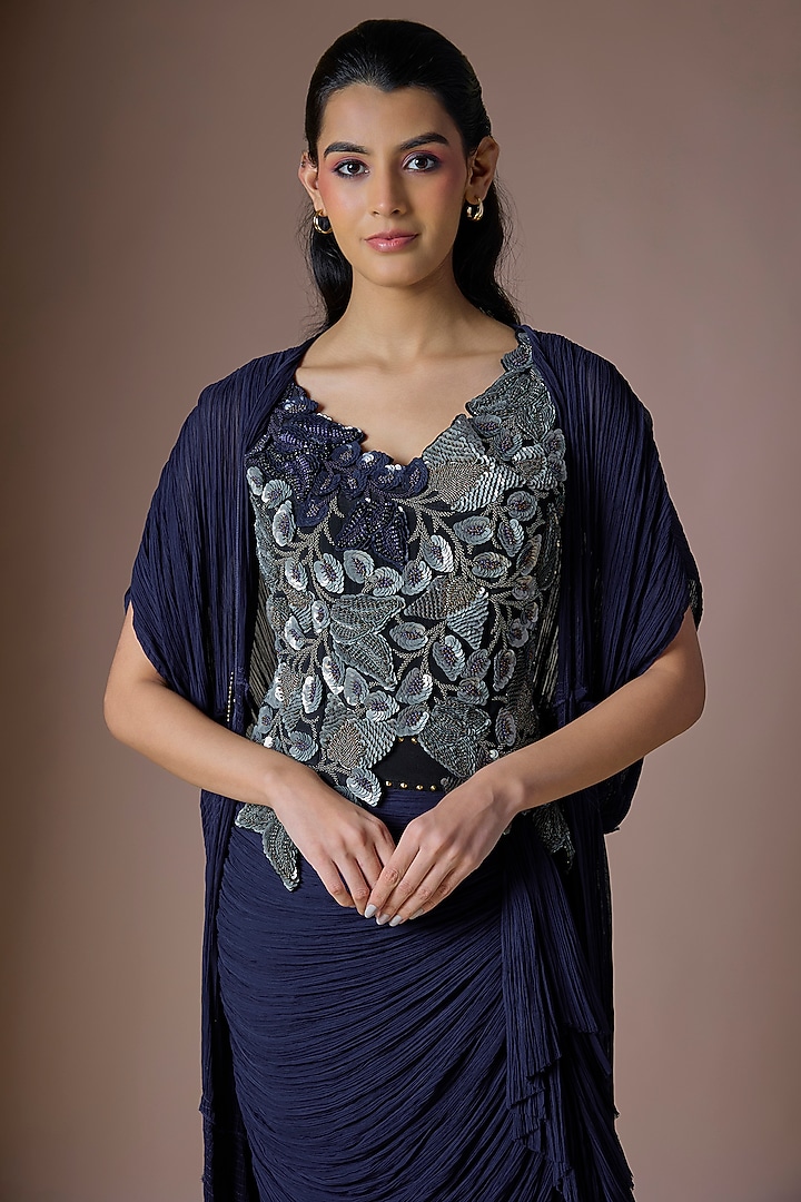Navy Blue Crepe & Lycra Jacket Set by Nupur Kanoi at Pernia's Pop Up Shop