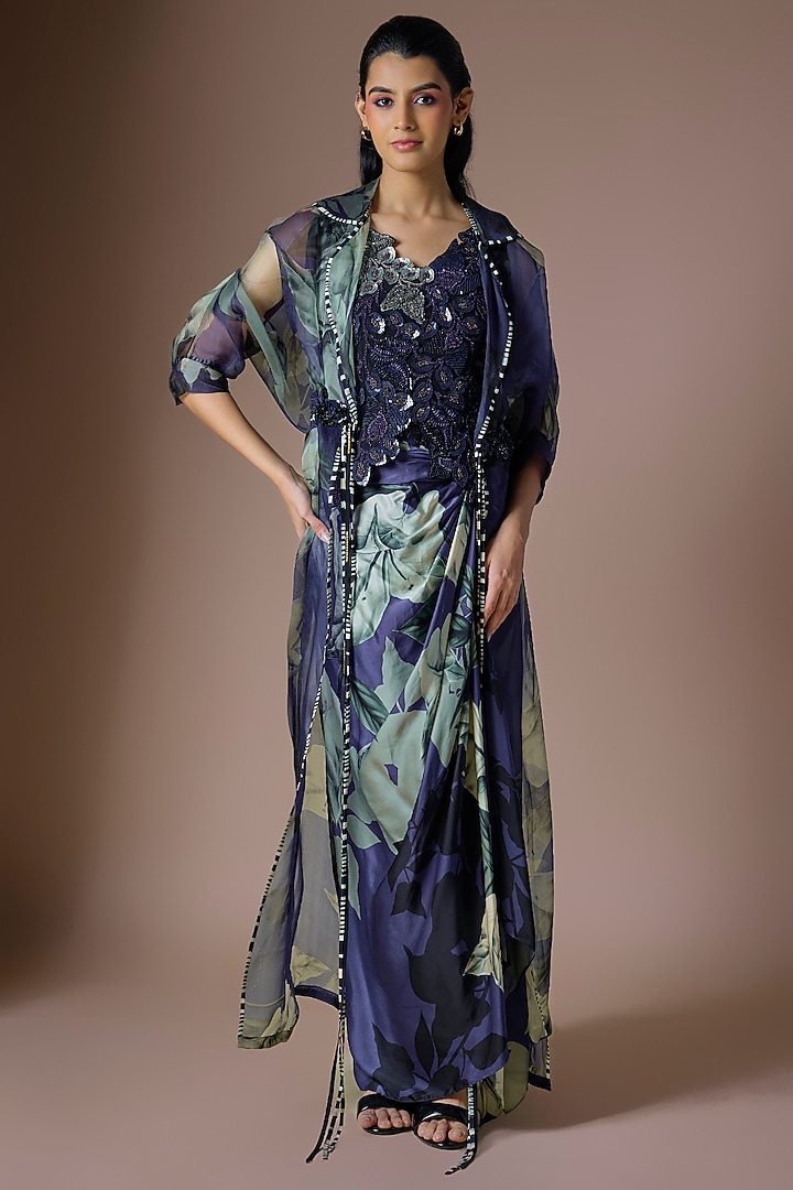Navy Blue Organza Printed Jacket Set by Nupur Kanoi at Pernia's Pop Up Shop