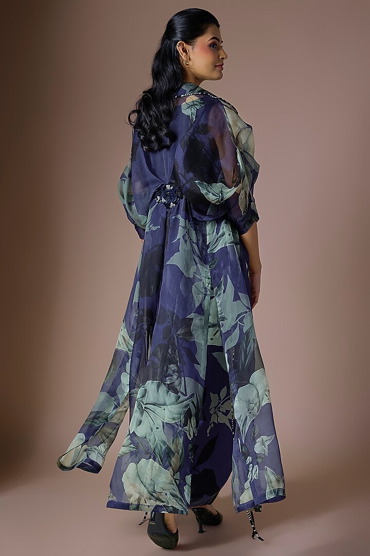 Navy Blue Organza Printed Jacket Set by Nupur Kanoi at Pernia's Pop Up Shop