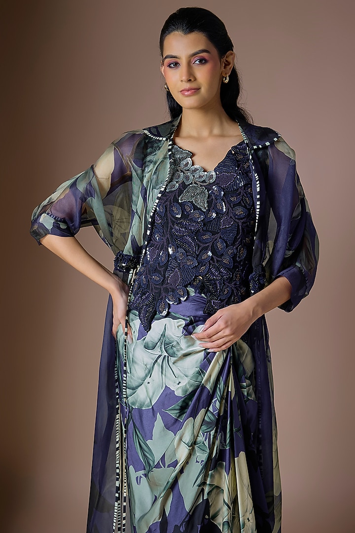 Navy Blue Organza Printed Jacket Set by Nupur Kanoi at Pernia's Pop Up Shop
