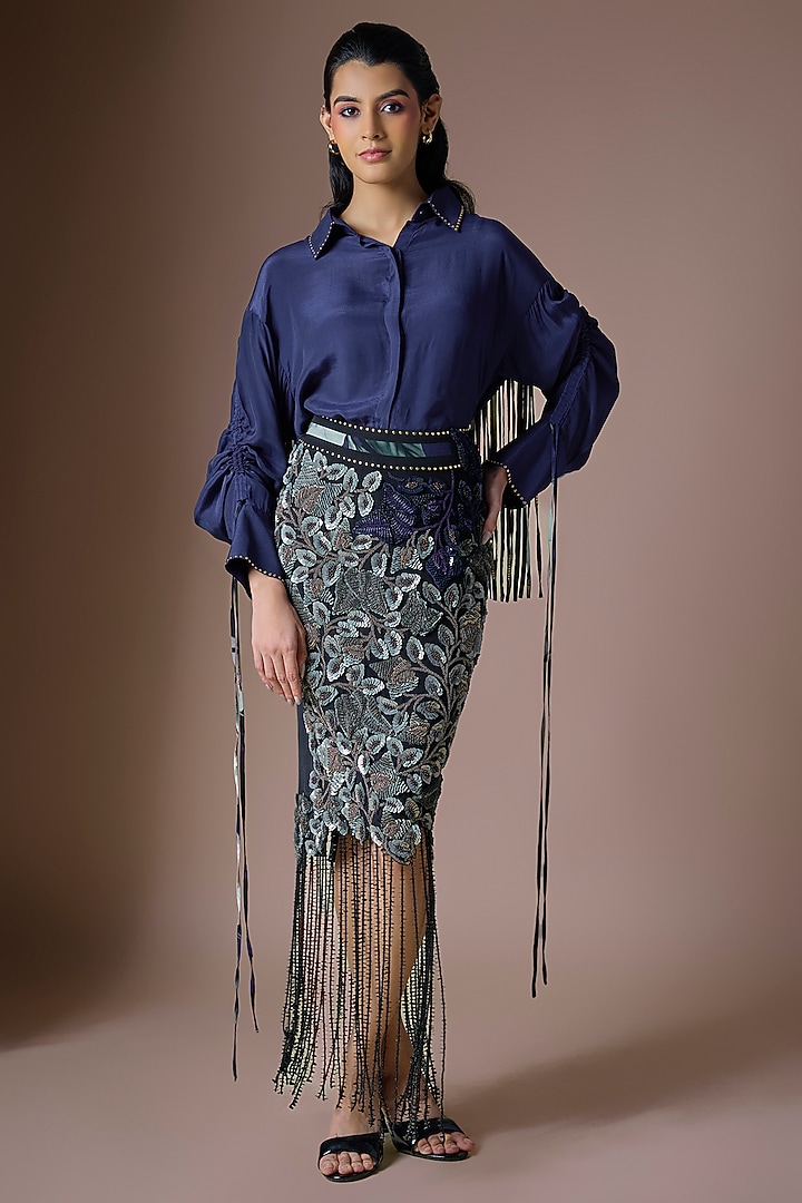 Navy Blue Crepe & Lycra Embroidered Skirt Set by Nupur Kanoi at Pernia's Pop Up Shop