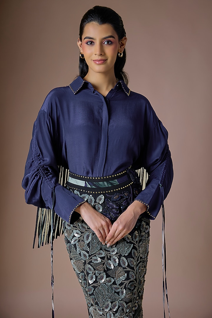Navy Blue Crepe & Lycra Embroidered Skirt Set by Nupur Kanoi at Pernia's Pop Up Shop