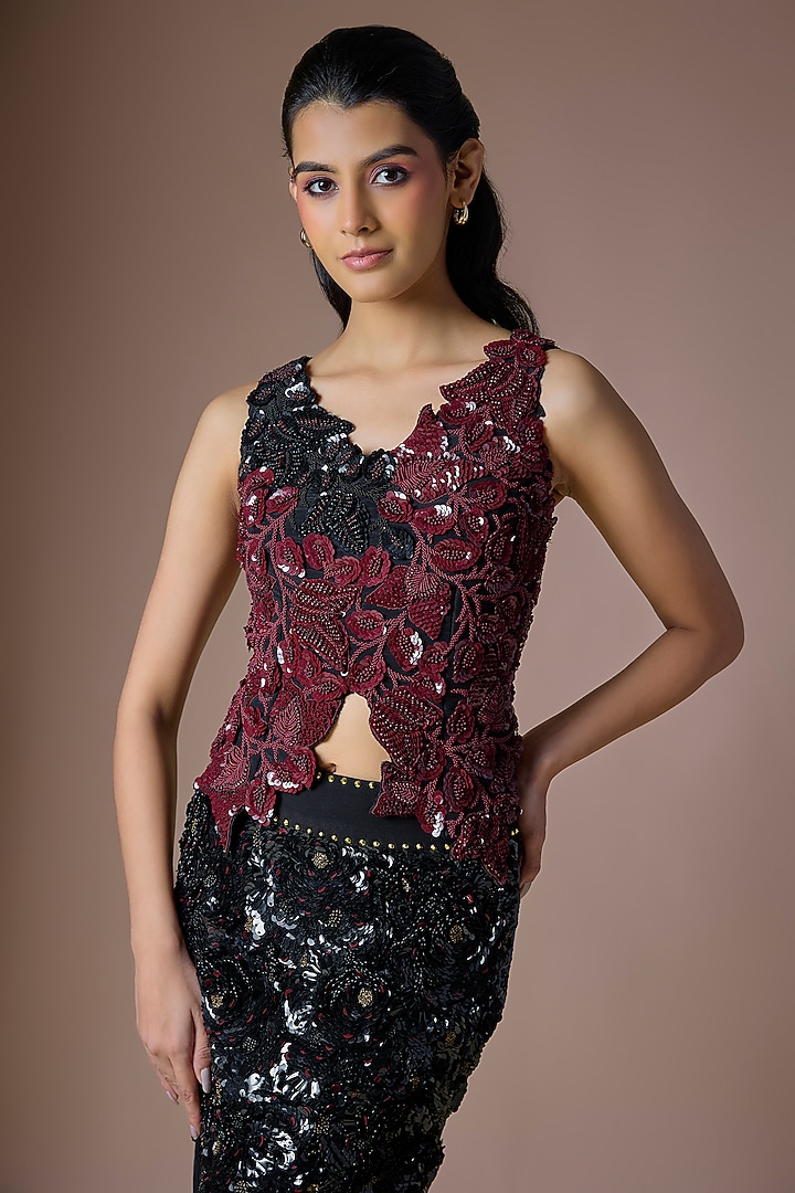Black Crepe & Lycra Sequins Skirt Set by Nupur Kanoi at Pernia's Pop Up Shop