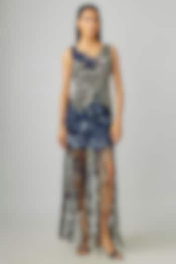 Silver & Navy Blue Crepe Mini Skirt Set by Nupur Kanoi at Pernia's Pop Up Shop