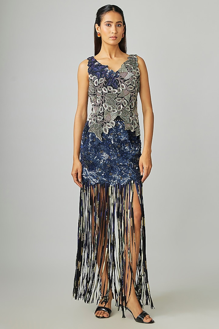 Silver & Navy Blue Crepe Mini Skirt Set by Nupur Kanoi at Pernia's Pop Up Shop