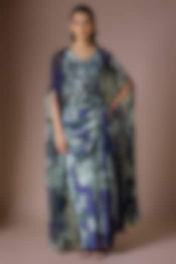 Navy Blue Crepe & Chiffon Printed Cape Set by Nupur Kanoi at Pernia's Pop Up Shop