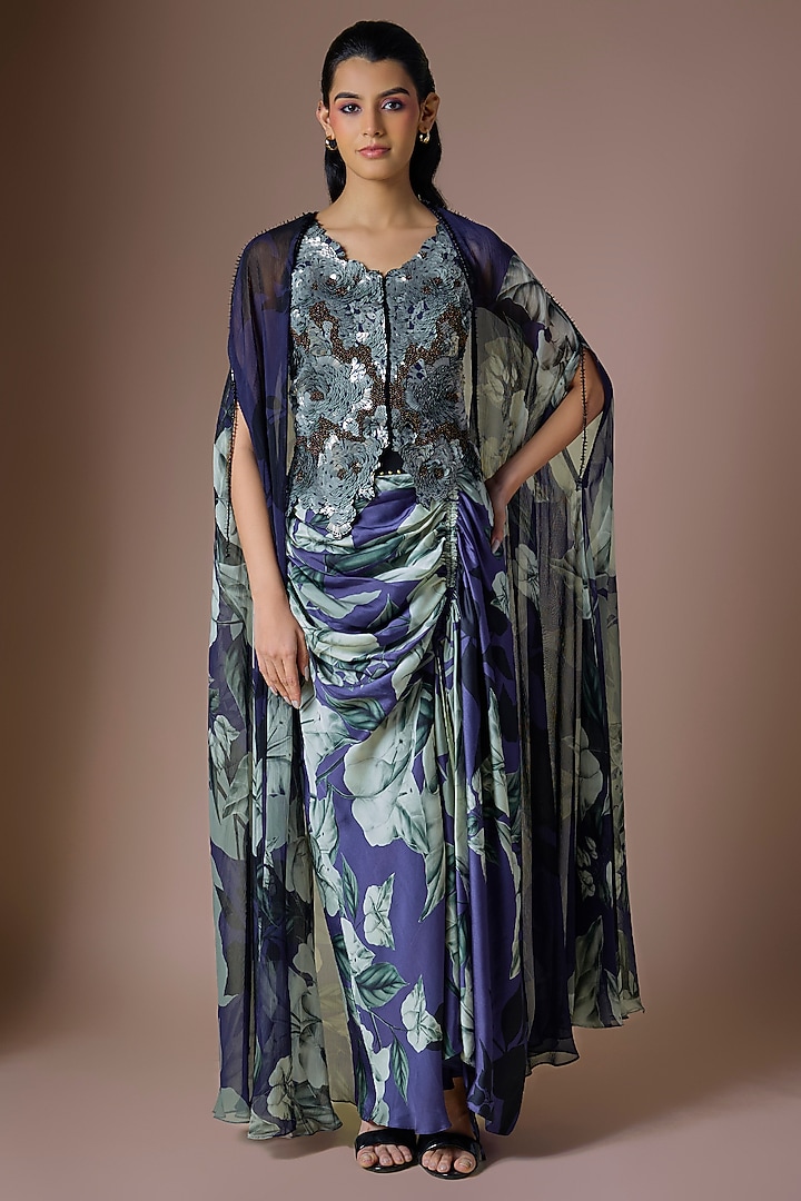 Navy Blue Crepe & Chiffon Printed Cape Set by Nupur Kanoi at Pernia's Pop Up Shop