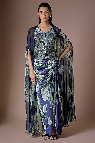 Navy Blue Crepe & Chiffon Printed Cape Set by Nupur Kanoi