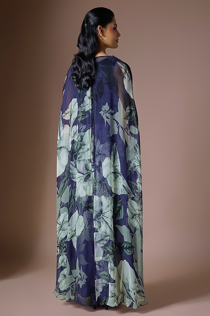 Navy Blue Crepe & Chiffon Printed Cape Set by Nupur Kanoi at Pernia's Pop Up Shop