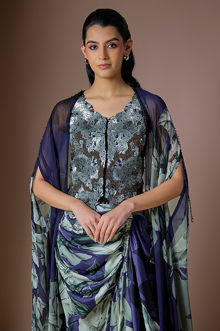 Navy Blue Crepe & Chiffon Printed Cape Set by Nupur Kanoi at Pernia's Pop Up Shop