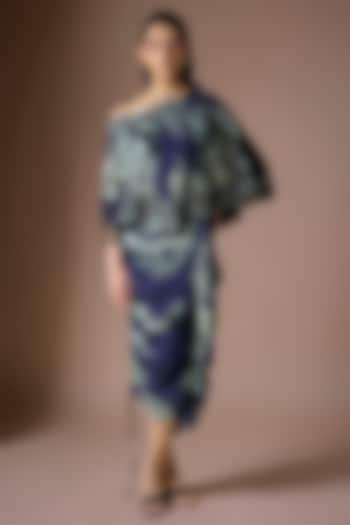 Navy Blue Crepe & Chiffon Printed Frilled Skirt Set by Nupur Kanoi at Pernia's Pop Up Shop