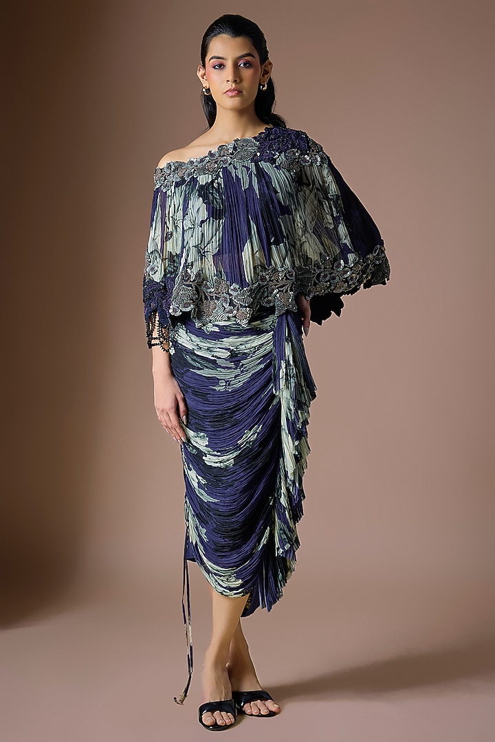 Navy Blue Crepe & Chiffon Printed Frilled Skirt Set by Nupur Kanoi at Pernia's Pop Up Shop
