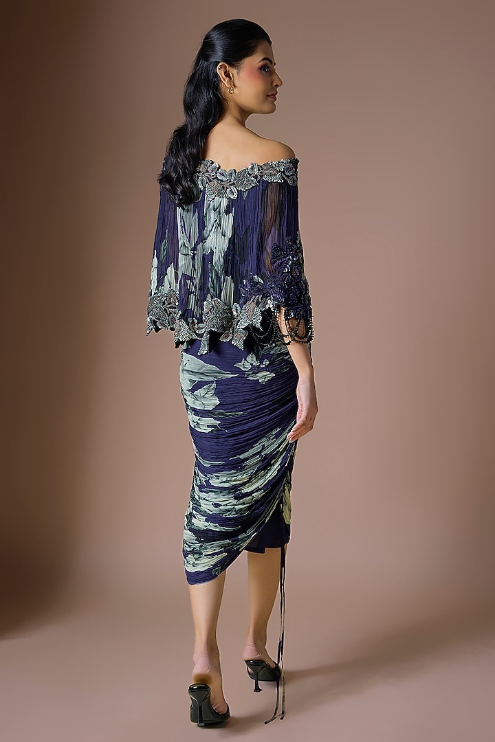 Navy Blue Crepe & Chiffon Printed Frilled Skirt Set by Nupur Kanoi at Pernia's Pop Up Shop