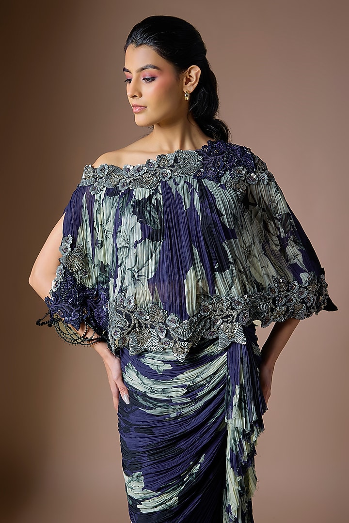 Navy Blue Crepe & Chiffon Printed Frilled Skirt Set by Nupur Kanoi at Pernia's Pop Up Shop