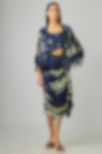 Navy Blue Chiffon & Crepe Printed Cape Set by Nupur Kanoi at Pernia's Pop Up Shop