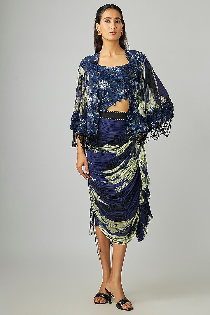 Navy Blue Chiffon & Crepe Printed Cape Set by Nupur Kanoi at Pernia's Pop Up Shop