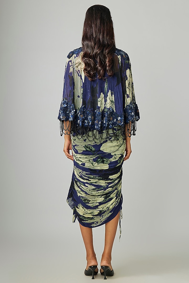 Navy Blue Chiffon & Crepe Printed Cape Set by Nupur Kanoi at Pernia's Pop Up Shop
