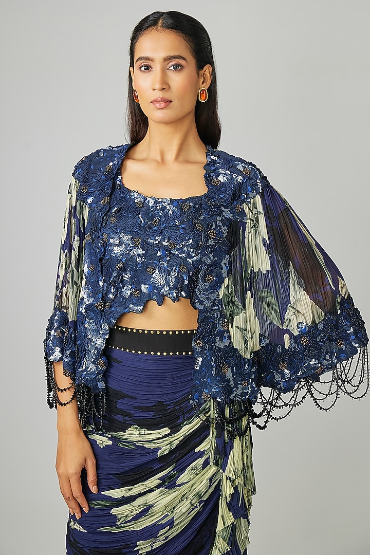 Navy Blue Chiffon & Crepe Printed Cape Set by Nupur Kanoi at Pernia's Pop Up Shop