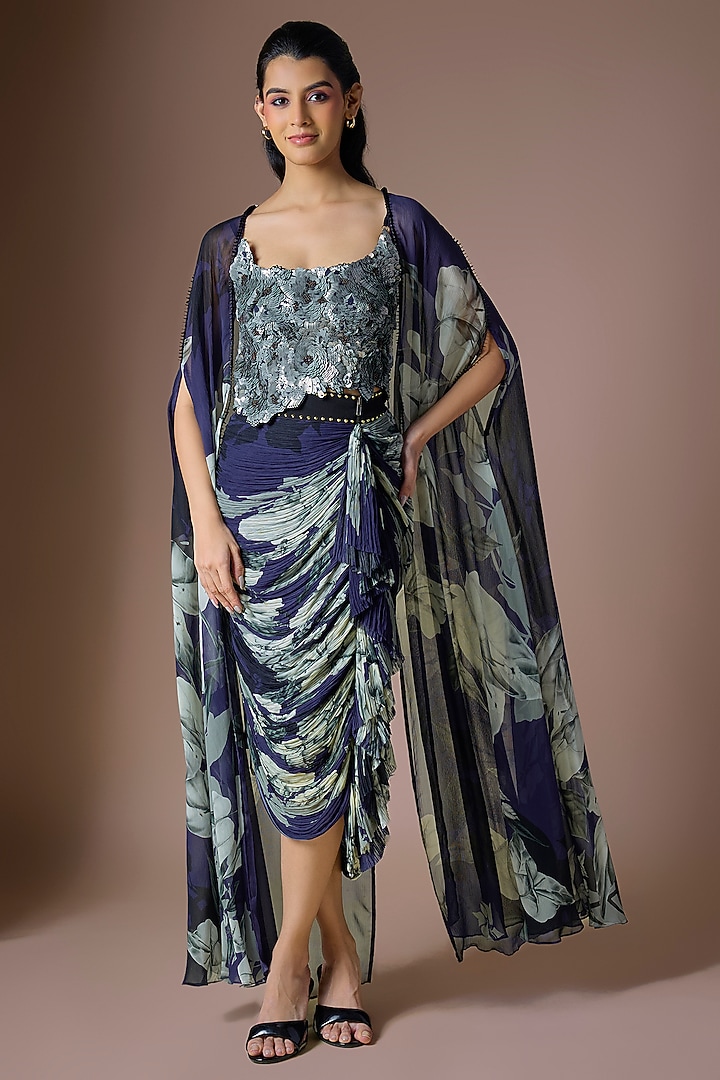 Navy Blue Chiffon Cape Set by Nupur Kanoi at Pernia's Pop Up Shop